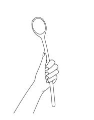 Wooden round spatula in hand line art vector illustration