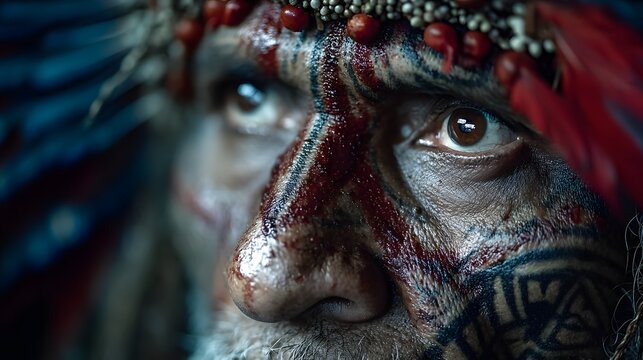 close up of a face of a man, a Yanomami shaman's nocturnal healing ritual in a maloca longhouse, firelit face paint, sacred feathers, ceremonial chant, amazon rainforest