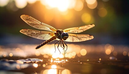 Dragonfly sunset water reflection.