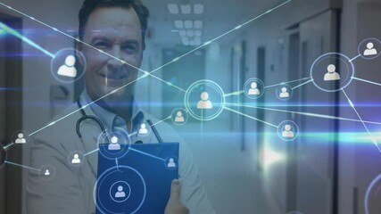 Close-up on doctor holding clipboard revealing expanding medical network linking patient icons - Powered by Adobe
