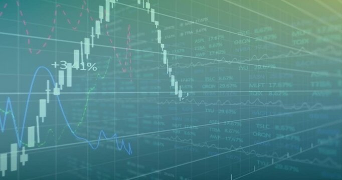 Upon teal gradient appearing 3D grid candlesticks emerging rising and falling showing market trend - Powered by Adobe