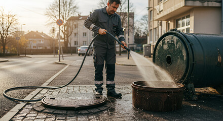 Man Cleaning Sewer with High Pressure Water Jet