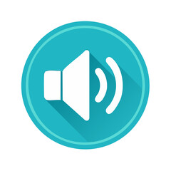 White speaker volume symbol on teal round button. Media player audio flat design graphic sound waves indicator for music application