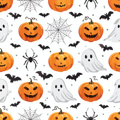 Seamless Halloween pattern with pumpkins ghosts spiders spiderwebs and bats against a white background