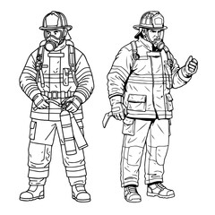 Detailed Line Art Illustrations of Two Firefighters in Full Protective Gear
