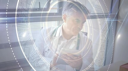 Doctor tapping phone as digital overlay appearing in health office, analyzing patient data - Powered by Adobe