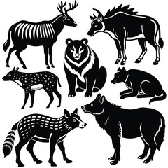 Collection of Black and White Wildlife Illustrations Deer, Bear, Wild Dogs, and More