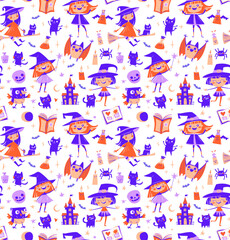 Cute Seamless Halloween Pattern with Witches, Cats, and Potions Purple Cartoon Doodle Style
