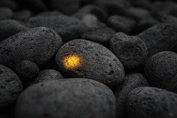 A single dark grey stone glows gold amidst a cluster of similar, smooth, dark stones