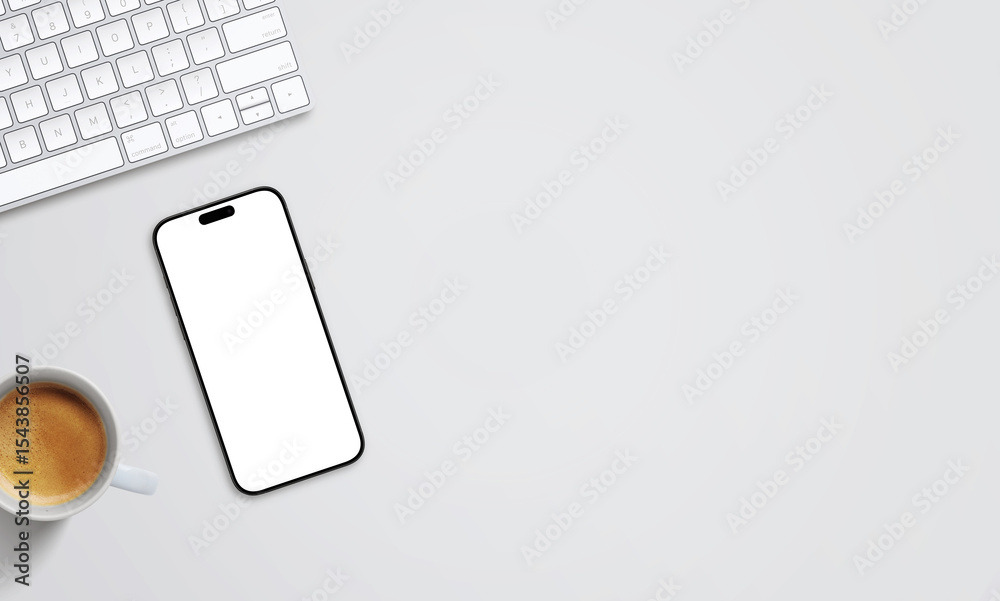 Poster smartphone mockup on desk with keyboard and coffee. clean right-side space perfect for promotional t