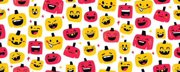 Seamless Halloween Pattern with Cute Pumpkin Faces Flat Style for Kids