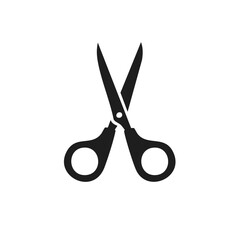 Open scissors with gray handles and blades against a black background, cutting tool