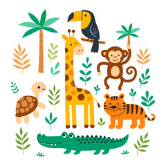 Obraz premium Cute jungle animals cartoon set. Giraffe, monkey, tiger, crocodile, toucan, turtle, and tropical leaves in flat vector style. Fun wild animal illustration for kids and nursery decor. EPS 10