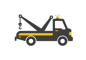Naklejka premium A cartoon tow truck in black and yellow with a hook and light on a white background isolated image