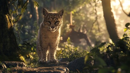 A lynx is waking through a forest.