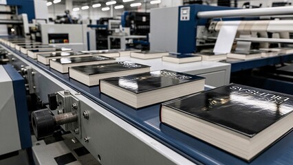 Hardcover books traveling along a conveyor belt in a printing house, illustrating the automated process of book production and the efficiency of modern publishing technology