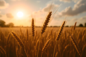Close-up of golden wheat field illuminated by sunlight with warm tones in a natural rural landscape