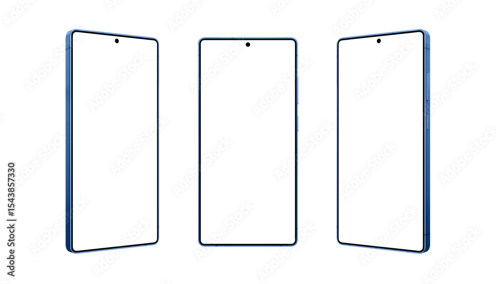 Poster Three modern smartphones with flat design and sharp corners, displayed with blank screens. Ideal for app UI, web design, and product mockups