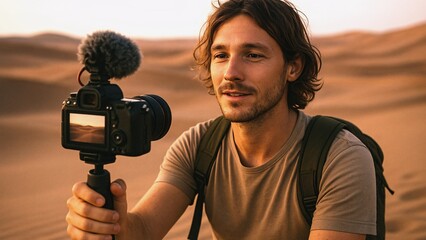 Young content creator filming a breathtaking desert sunset landscape with a professional camera, external microphone, and stabilizer for a travel vlog