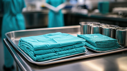 Teal surgical gowns and cloths on a stainless steel tray in a modern surgical setting