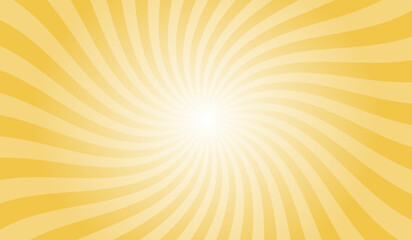 Fototapeta premium Yellow swirl sunburst background. Maize crayola yellow radial retro glowing rays banner. Abstract retro whirlwind starburst vector abstract background. Twisted radial illustration.