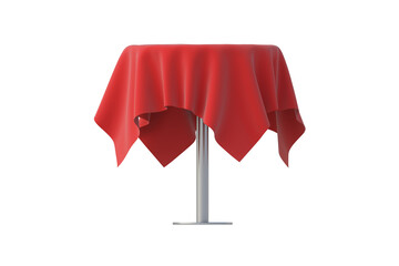 One bar table with red cloth isolated on white background. Round one leg desk. Furniture for cafe. Side view. 3d render