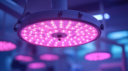 Close-up of surgical overhead light.  Pink LED lights. Medical