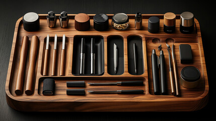Wooden tray holding various tools and containers.  Organized assortment of implements in compartments