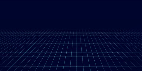 Technology wireframe landscape. Vector perspective grid. Digital space. Blue mesh on a black background.