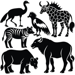African Wildlife Silhouette Collection  Elegant Vector Art of Iconic Animals