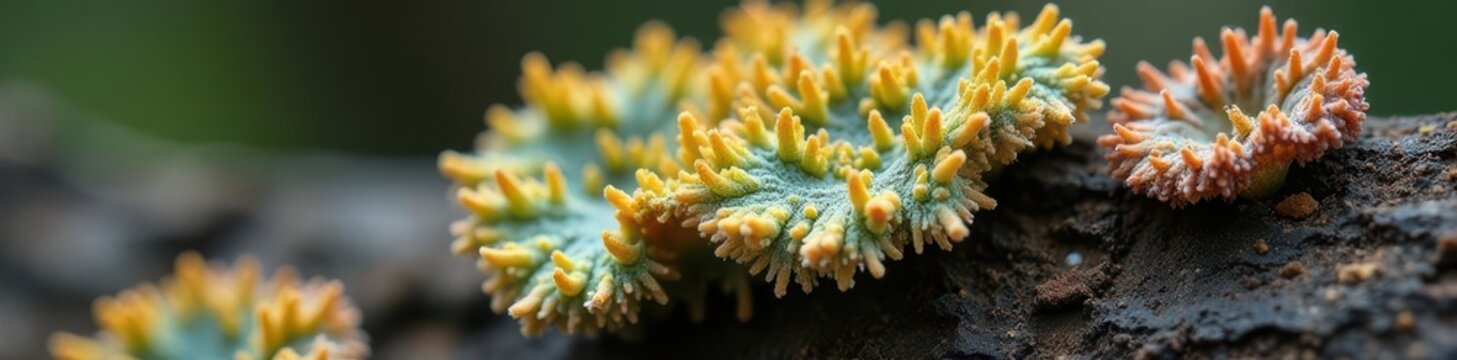 Close-up of Parmelia sulcata lichen's thallus on wooden surface, fungus, parmelia sulcata, wood grain
