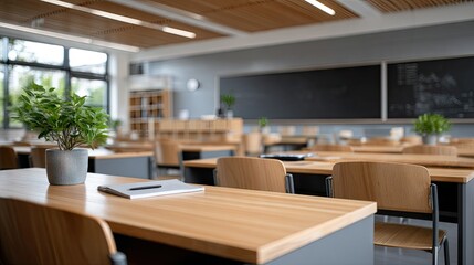 Blurred view of an empty classroom with desks and chalkboard in a high school or college setting suitable for educational content and presentations