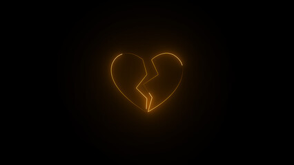 Broken heart glowing neon sign. Neon glowing broken heart icon on black background.