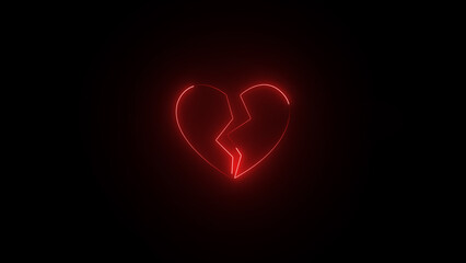 Broken heart glowing neon sign. Neon glowing broken heart icon on black background.