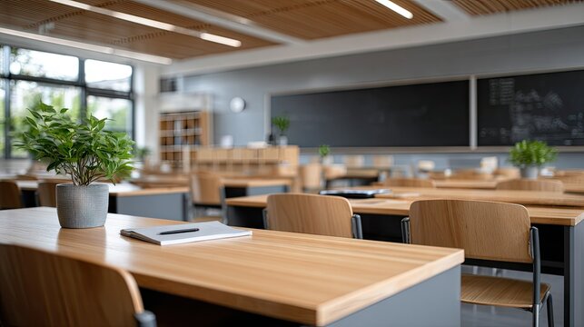 Blurred view of an empty classroom with desks and chalkboard in a high school or college setting suitable for educational content and presentations
