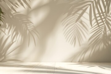 Abstract Palm Leaf Shadow on Beige Wall Texture Background for Mockup, Summer Design