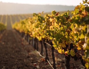 colorful vineyard in autumn, landscape with hills, beautiful sunrise