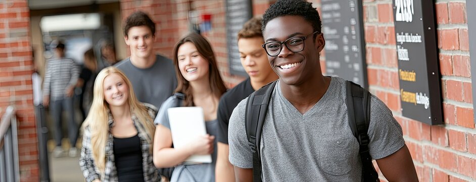 A joyful male student wearing glasses and casual attire walks in a university corridor, smiling directly at the camera with classmates in the background.