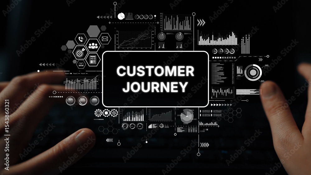 Poster hands on keyboard exploring digital customer journey analytics and data visualization concept in mod
