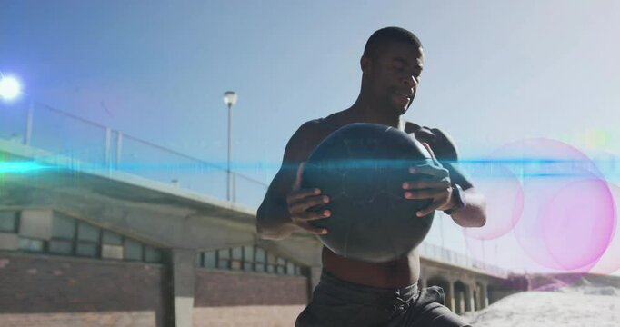 Shifting onto right leg athlete doing medicine ball twists engaging core animated fitness metrics