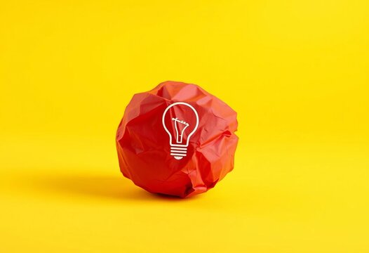 Red crumpled paper ball with lightbulb symbol on yellow background symbolizes creative thinking and innovation,  object,  technology