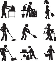 black and white illustrated silhouettes of people doing chores, cleaning, vacuuming, washing clothes, ironing, mopping, sweeping, dusting, laundry, household tasks
