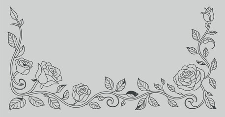 Elegant Black and White Rose Corner Design with Intricate Vines and Leaves