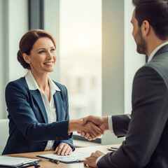 business people shaking hands in office. Business handshake concept. Happy middle aged professional woman manager and male client or partner shaking hand. meeting in corporate office.