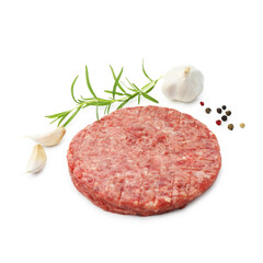 Fresh raw patty for burger and spices isolated on white
