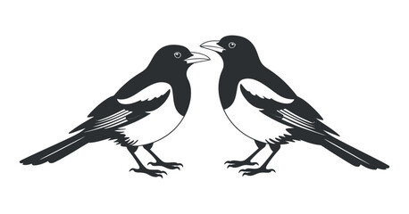 Two magpie birds in black and white silhouette design