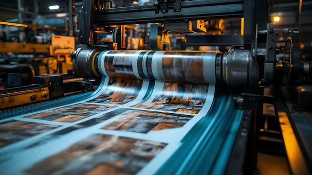 The high quality machinery and the process of creating printed materials, detailed printing press on a sheet of premium paper, Printing machine in a printing shop	