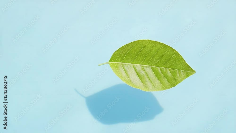 Poster leaf's serene presence: a single, vibrant leaf casts a shadow on a smooth, cool blue surface, creati
