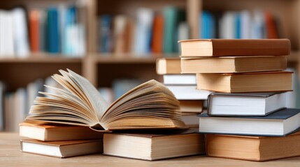 A stack of various books rests on a table, with an open book revealing its pages. Blurred bookshelves in the background emphasize the significance of learning and literature.