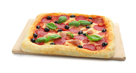 Tasty square homemade pizza isolated on white
